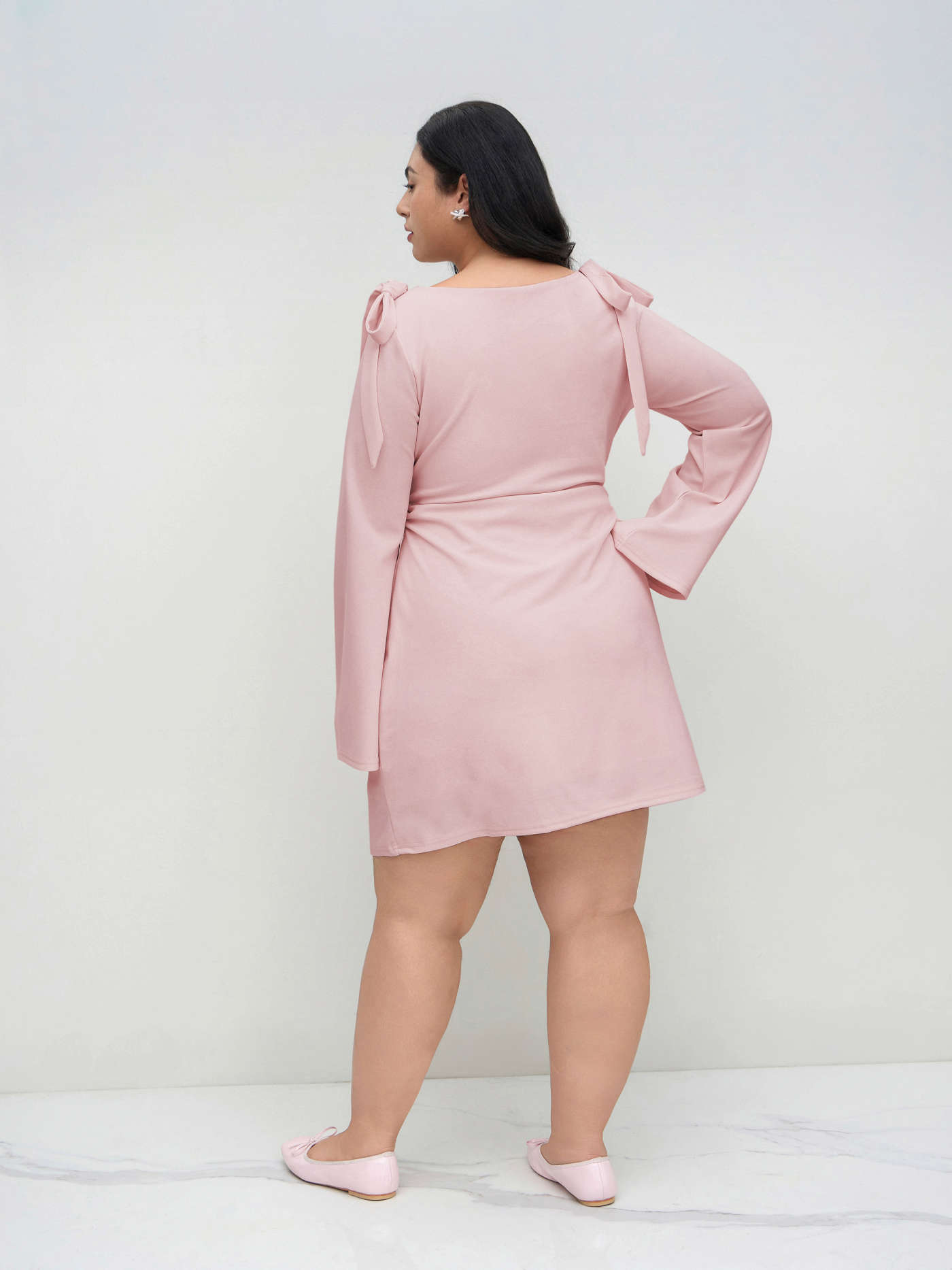 Boat Neck Bowknot Ruched Mini Dress Curve & Plus