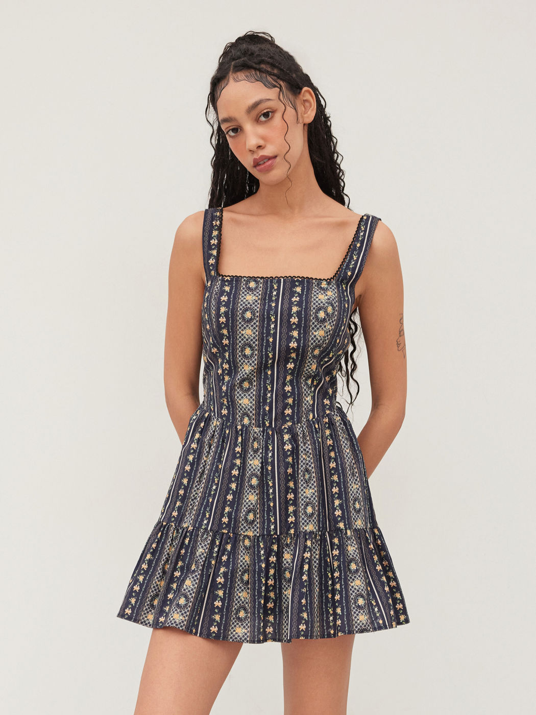 Cotton Square Neck Floral Lace Up Mini Dress