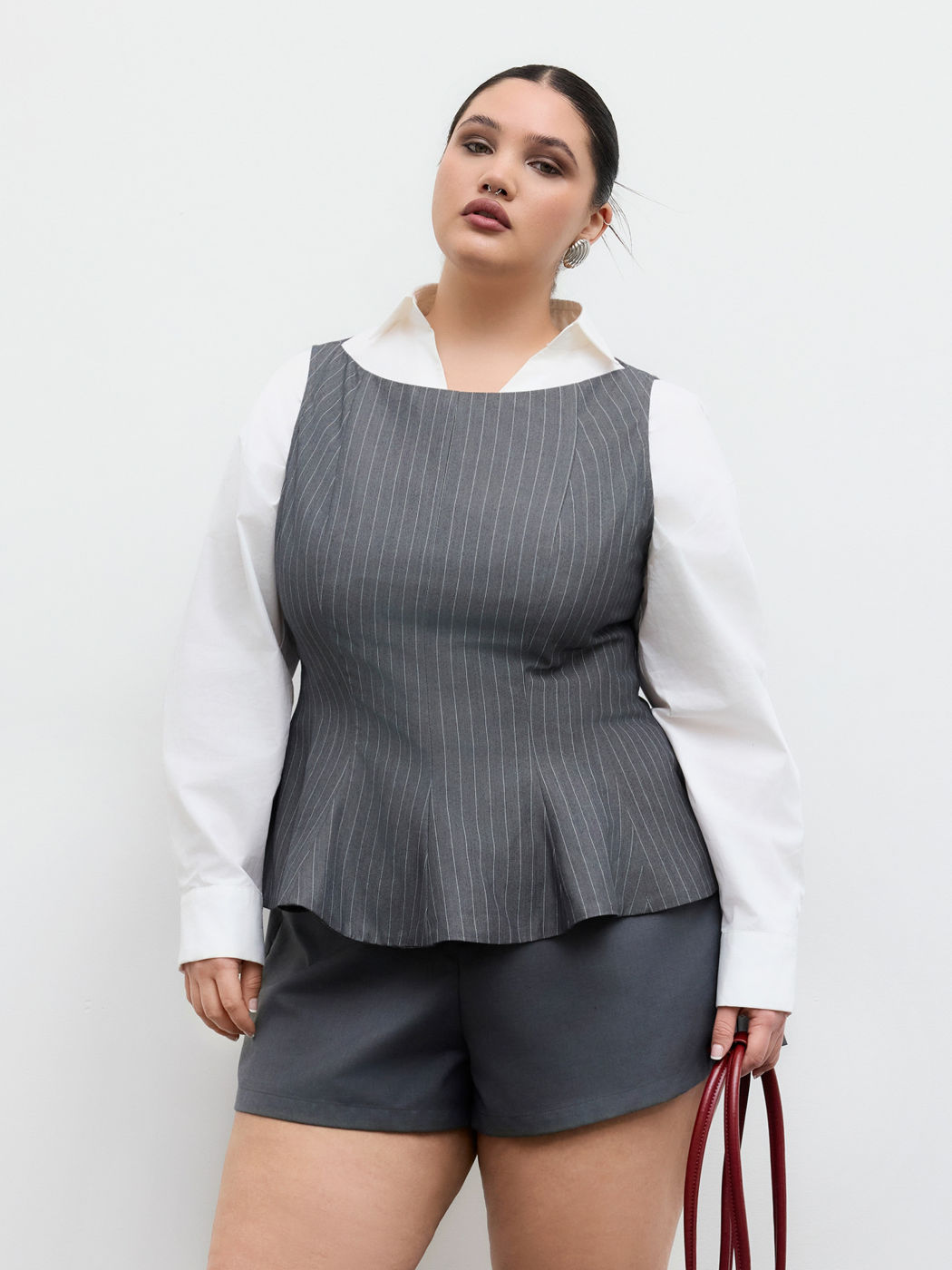 Boat Neck Stripe Ruffle Waistcoat Curve & Plus