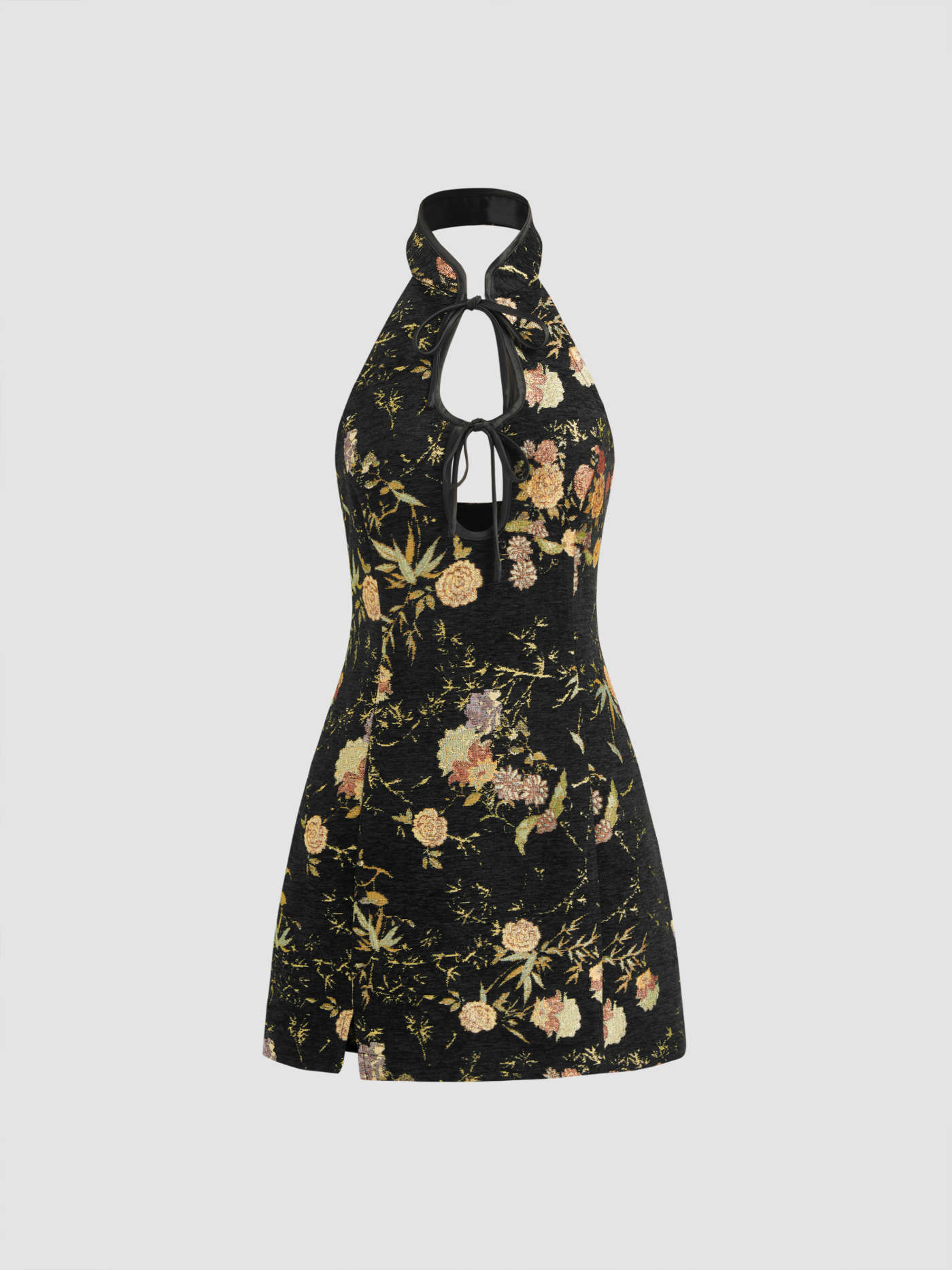 Jacquard Halter Neckline Floral Cut Out Tie Front Mini Dress