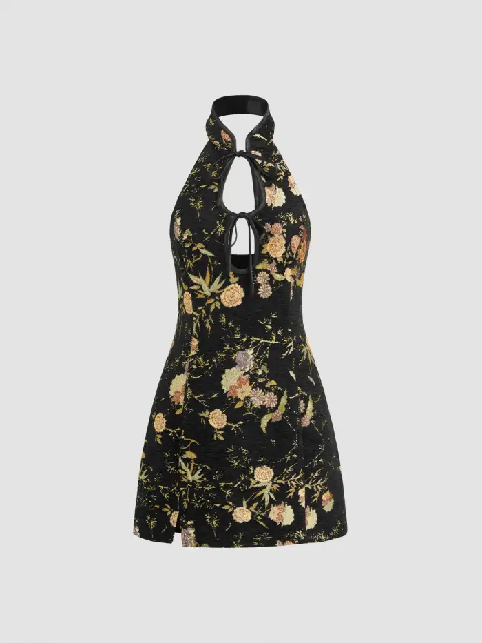 Mesh Halter Neckline Wrap Ruffle Mini Dress