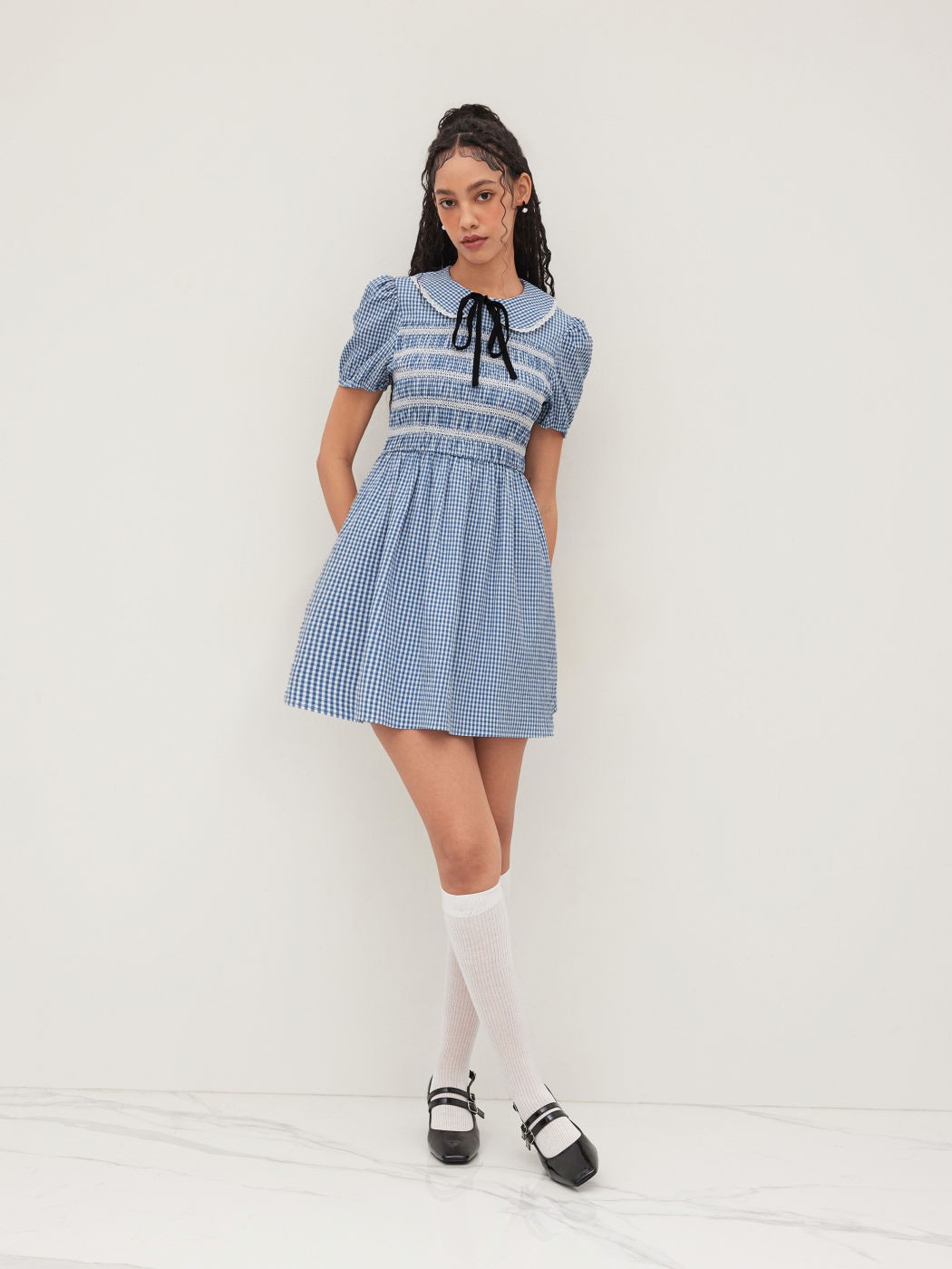 Cotton-blend Collar Gingham Shirred Puff Sleeve Mini Dress
