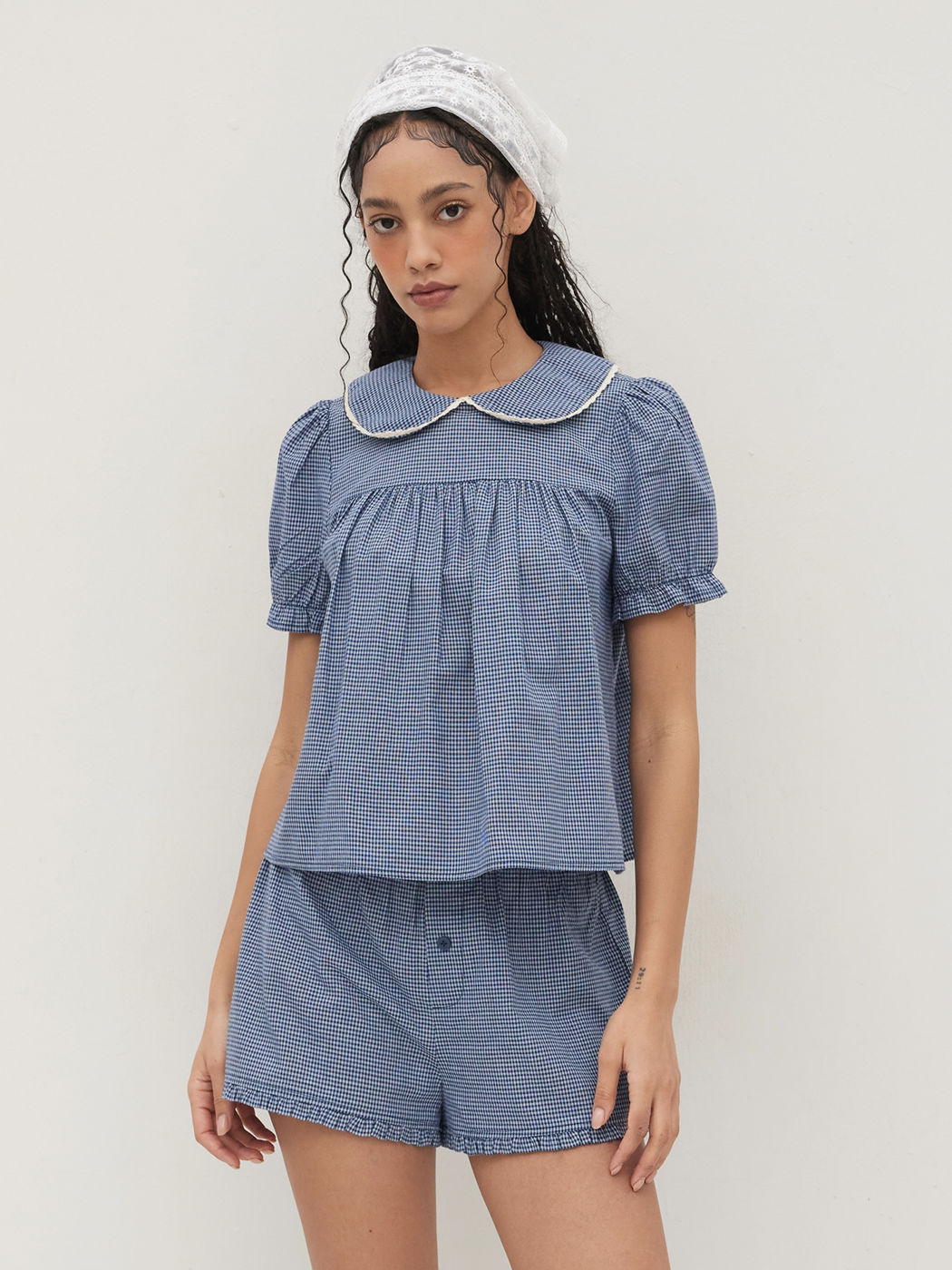 100% Baumwoll Gingham Tops mit Salatrand & Low-Rise Shorts