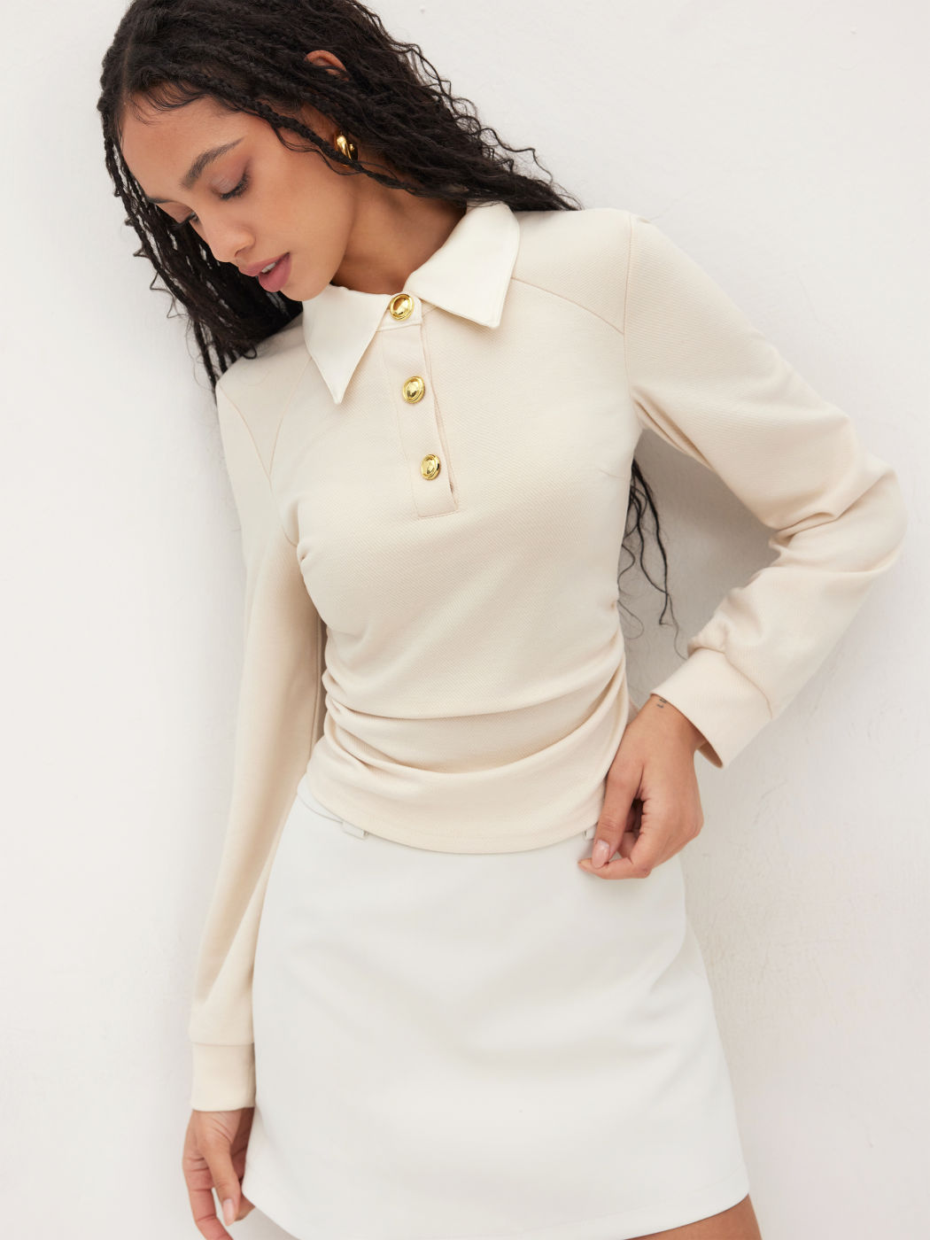 Collar Ruched Long Sleeve Top