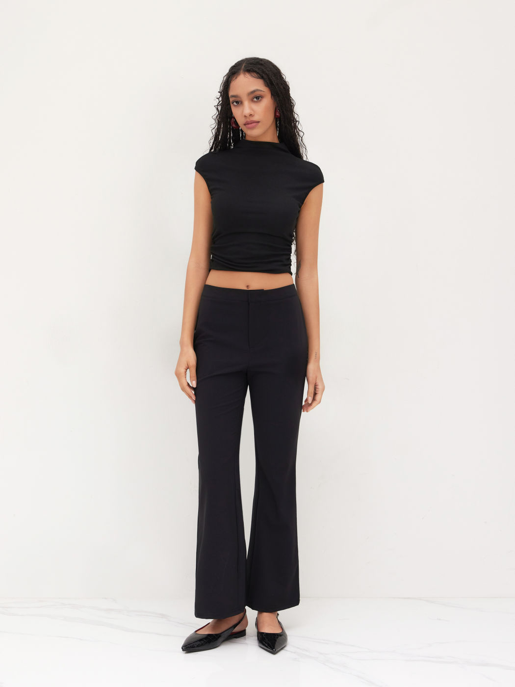 Stretch Mid Rise Flared Trousers