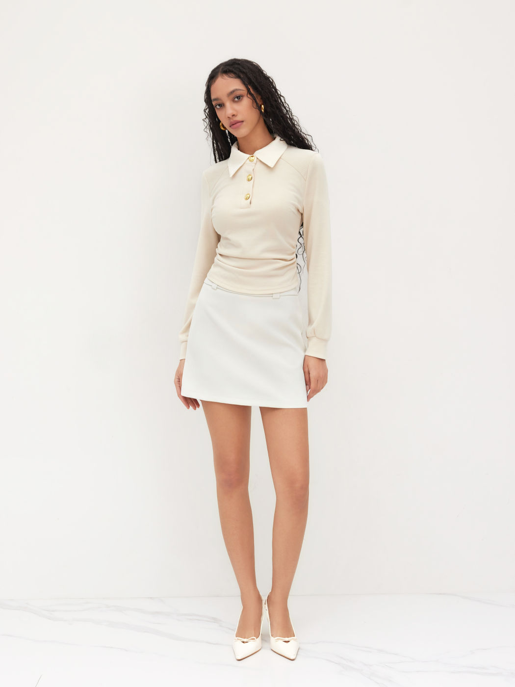 Collar Ruched Long Sleeve Top