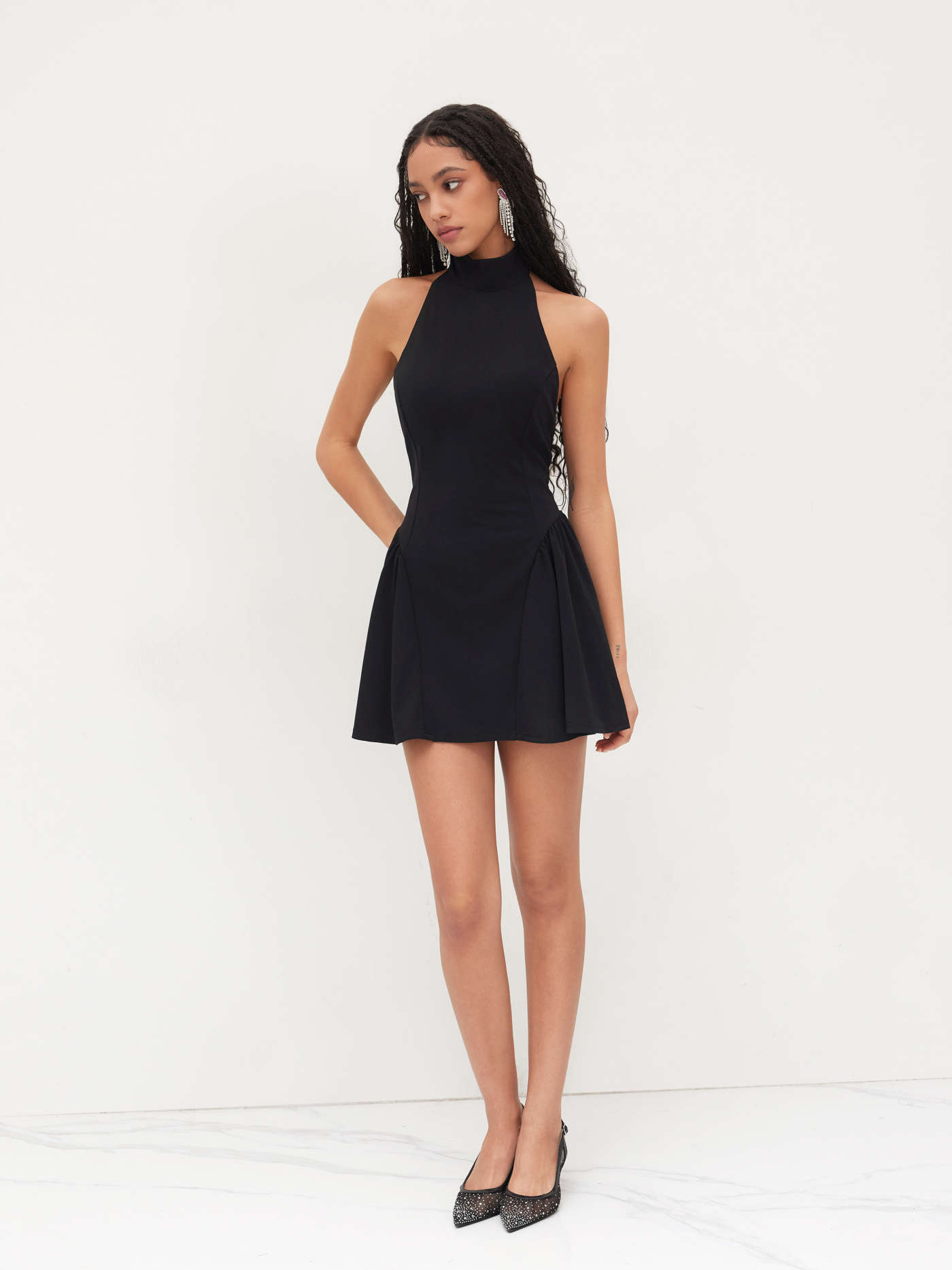 Halter Neckline Knotted Backless Ruffle Mini Dress