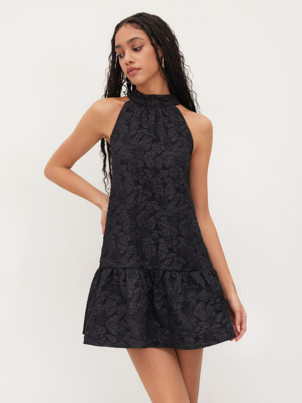 Stand Collar Floral Bow Mini Dress