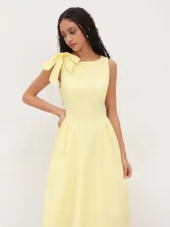 Linen-blend Boat Neck Bowknot Ruffle Midi Dress