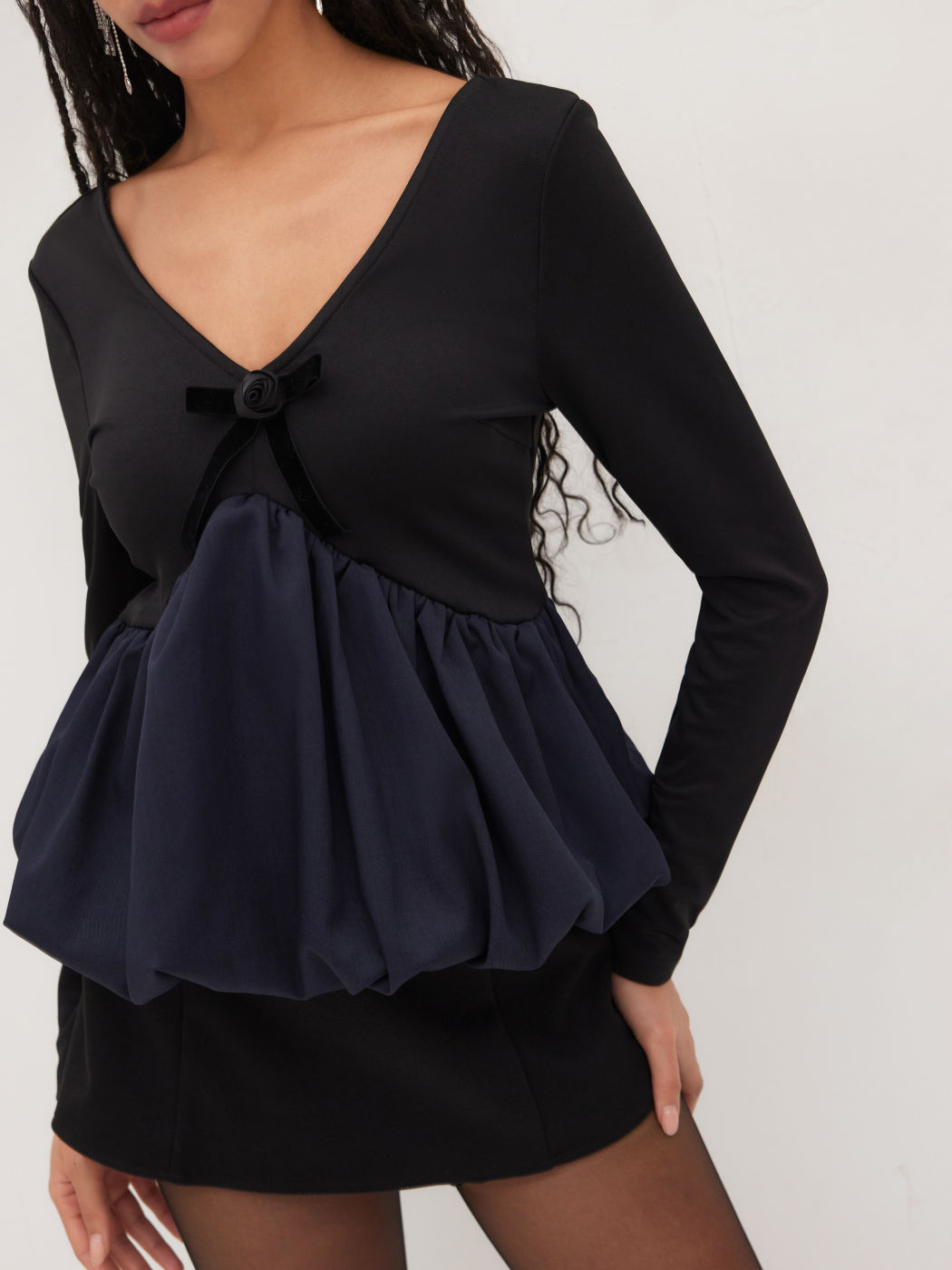 V-neck Rosette Bowknot Bubble Hem Blouse