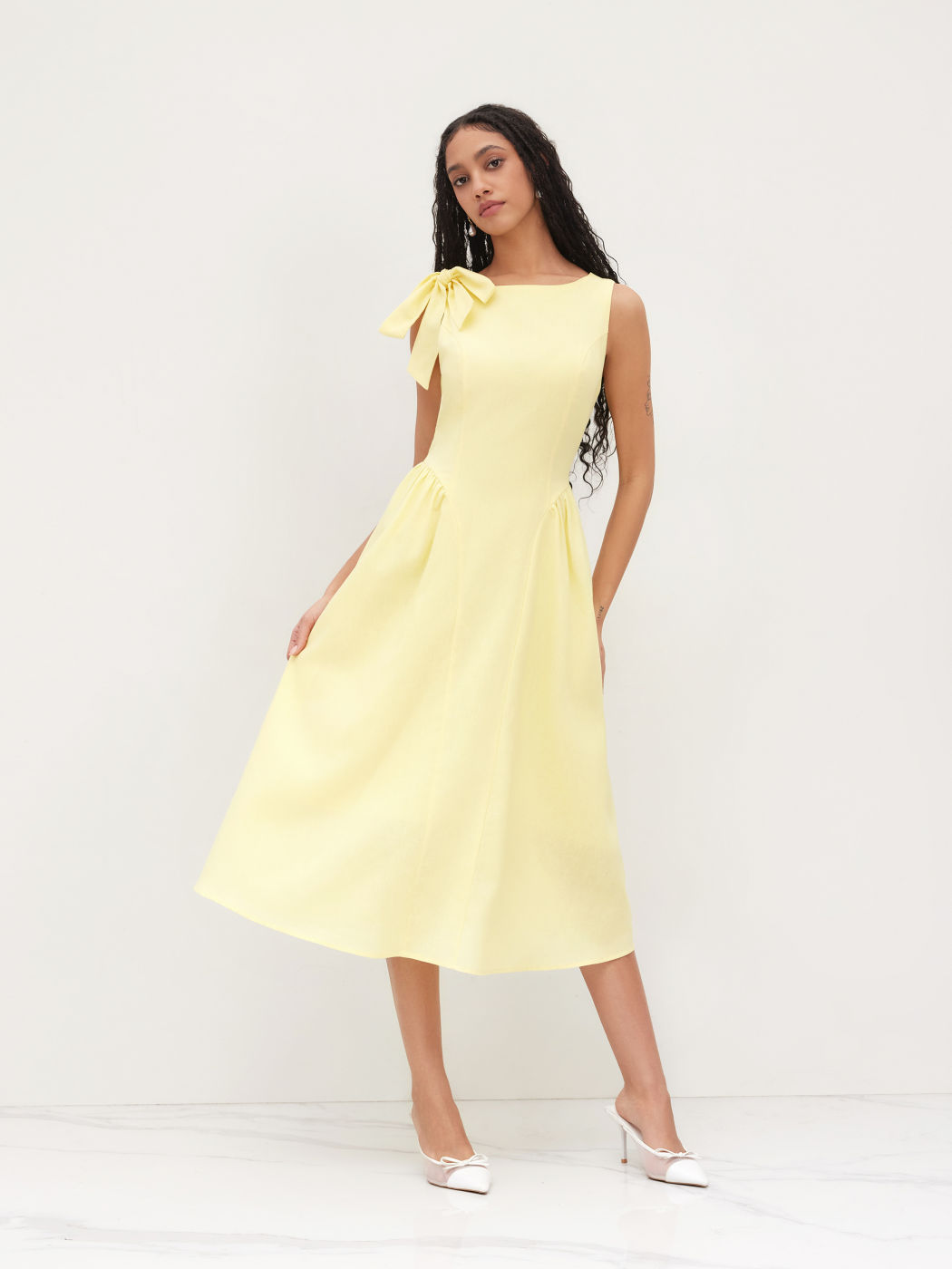 Linen-blend Boat Neck Bowknot Ruffle Midi Dress