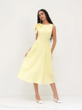 Linen-blend Boat Neck Bowknot Ruffle Midi Dress