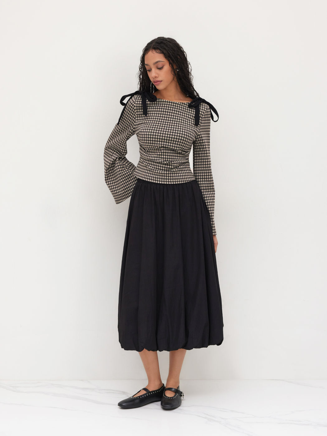 Boat Neck Gingham Bowknot Ruched Long Sleeve Top