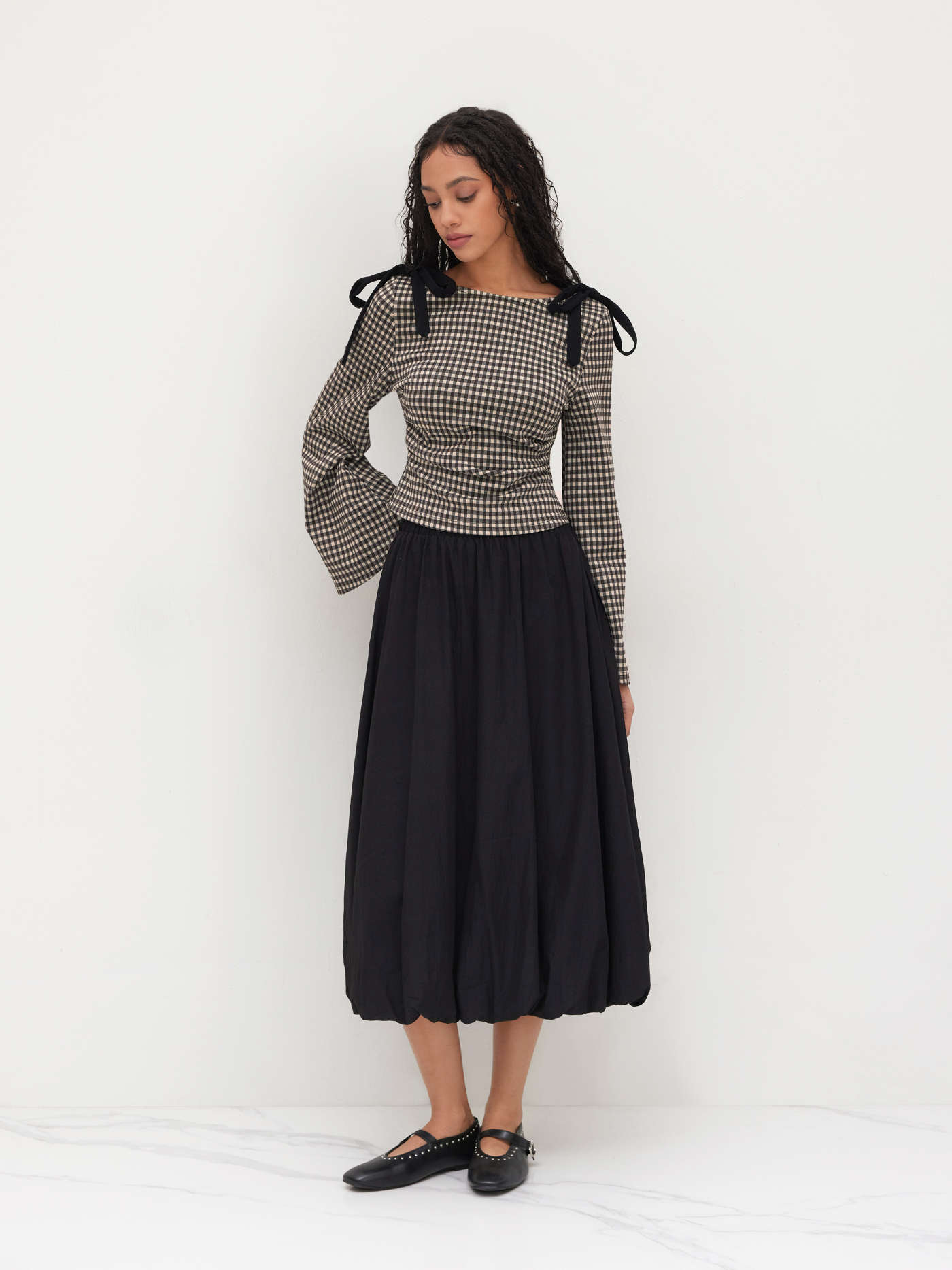 Boat Neck Gingham Bowknot Ruched Long Sleeve Top