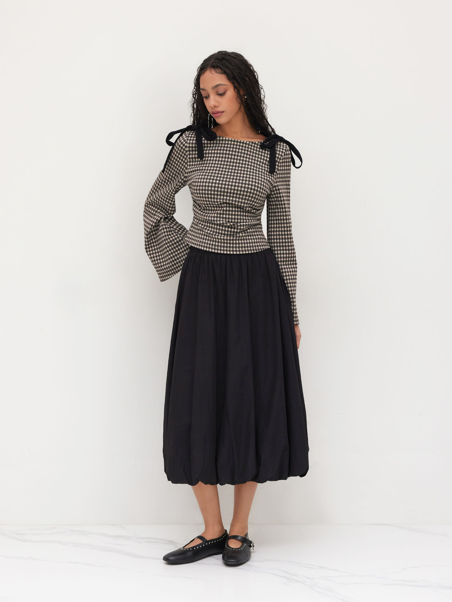 Boat Neck Gingham Bowknot Ruched Long Sleeve Top