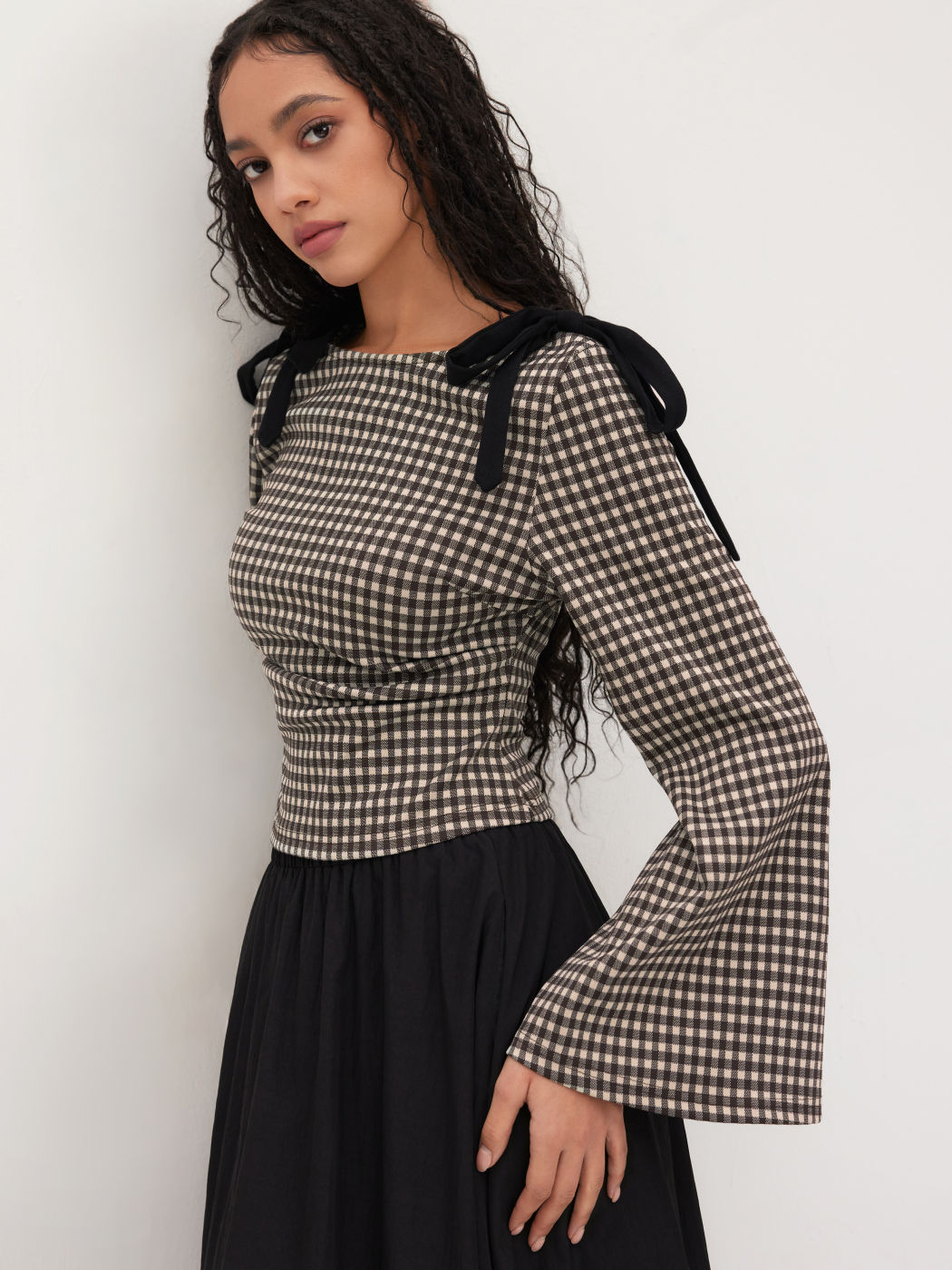 Boat Neck Gingham Bowknot Ruched Long Sleeve Top