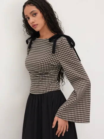 Boat Neck Gingham Bowknot Ruched Long Sleeve Top