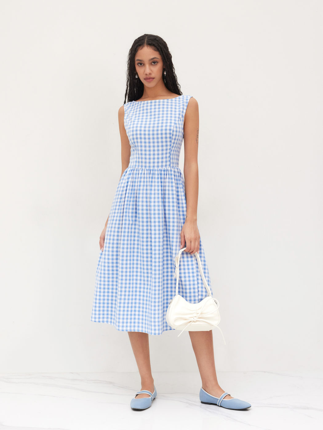 100% Cotton Boat Neck Gingham Backless Bowknot Ruffle Midi Dress