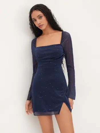 Square Neck Solid Glitter Knotted Mini Dress