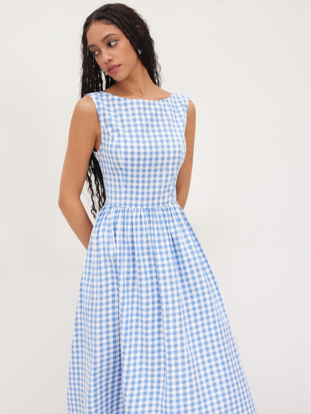 100% Cotton Boat Neck Gingham Backless Bowknot Ruffle Midi Dress