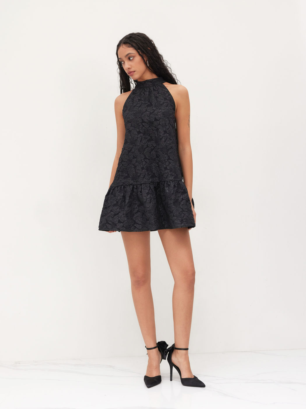 Stand Collar Floral Bow Mini Dress