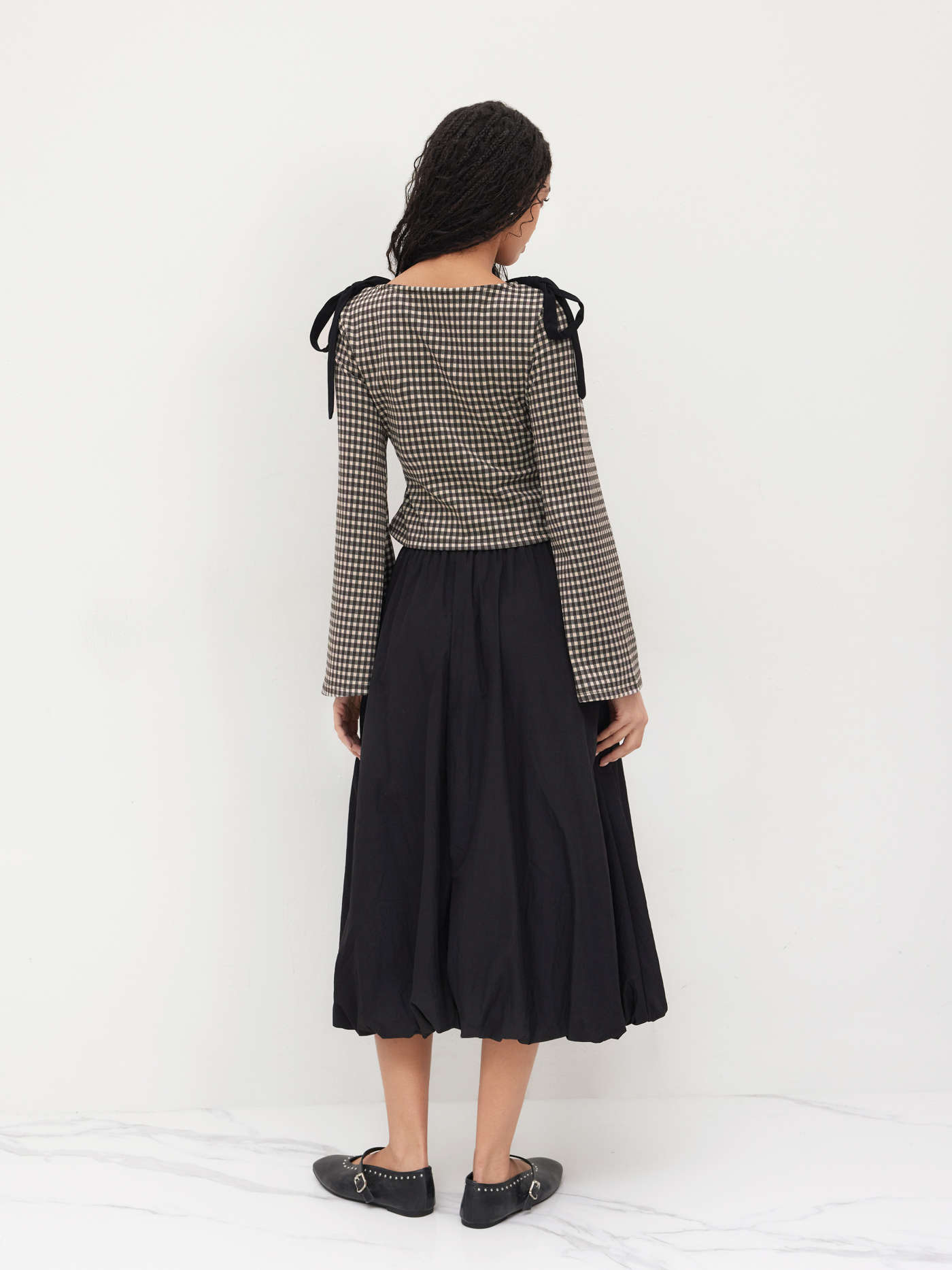 Boat Neck Gingham Bowknot Ruched Long Sleeve Top