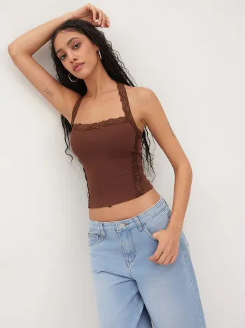 Tank-Top mit Halsbinde und Spitzenrand