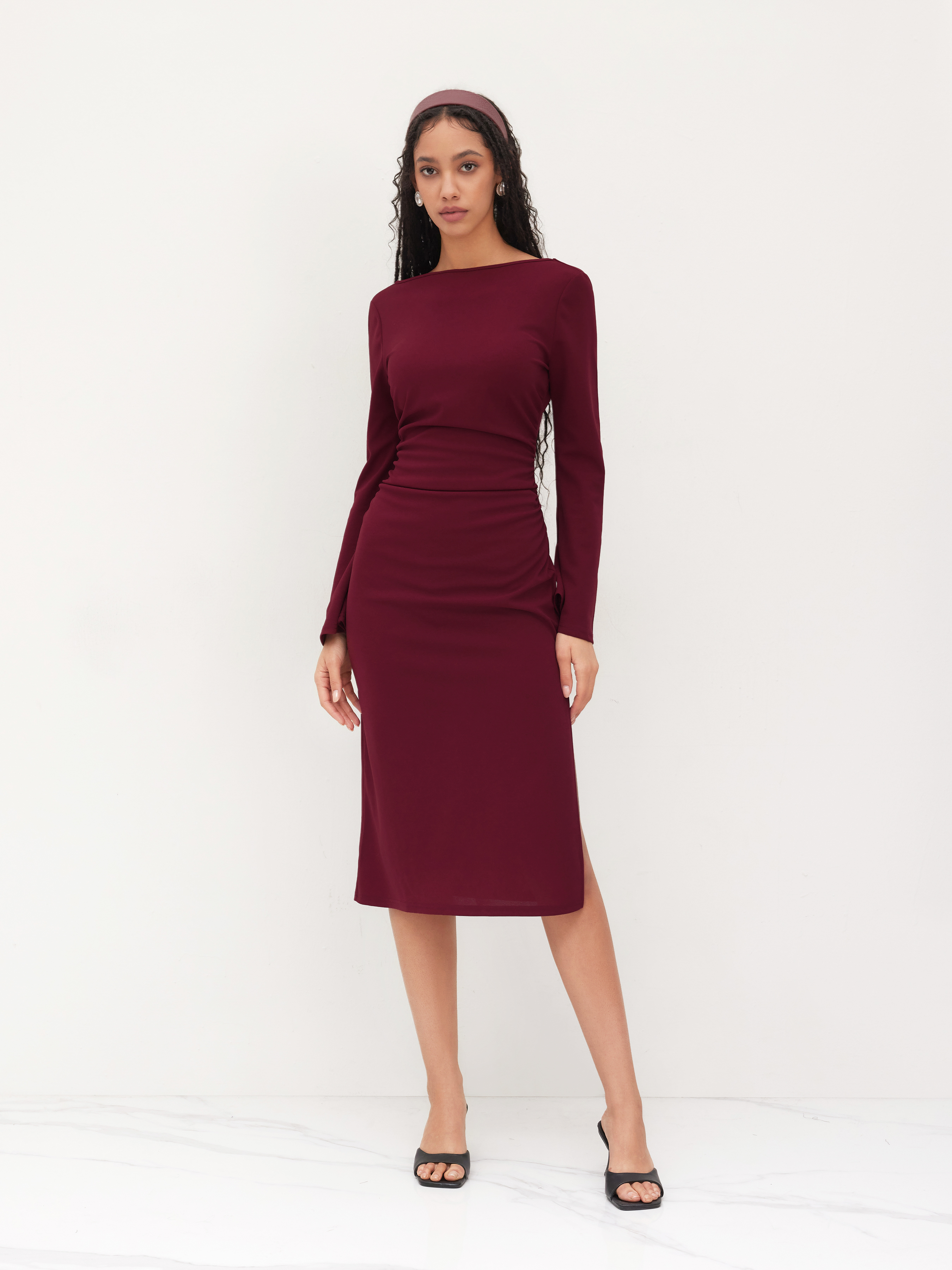 Knit Fabric Boat Neck Ruched Bell Sleeve Maxi Dress For Work