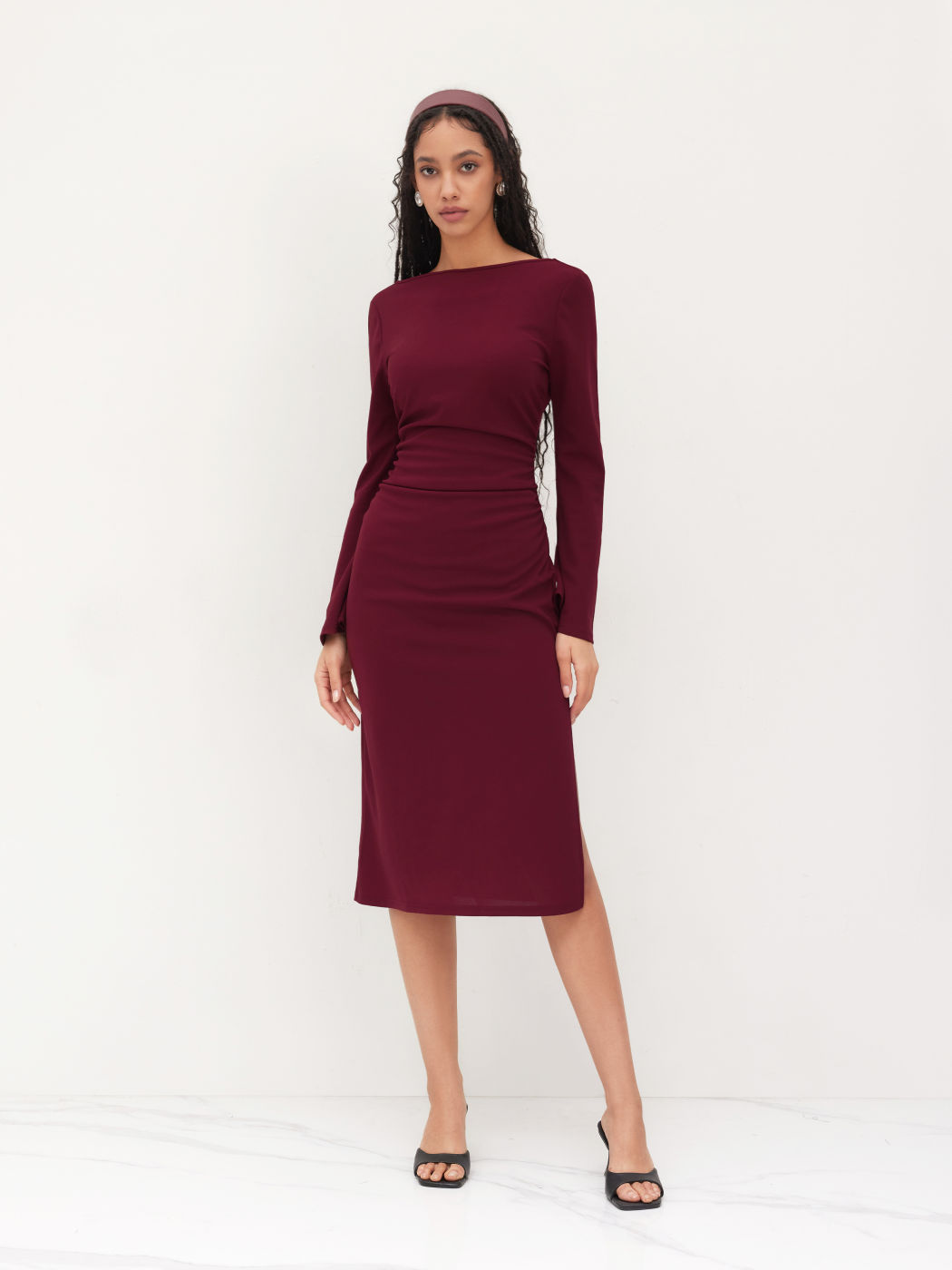 Boat Neck Ruched Bell Sleeve Maxi Dress