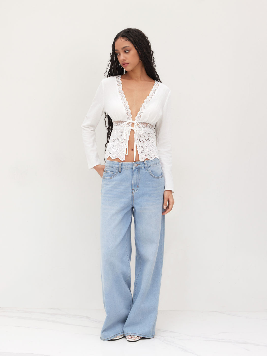 100% Cotton V-neck Broderie Embroidery Tie Front Blouse