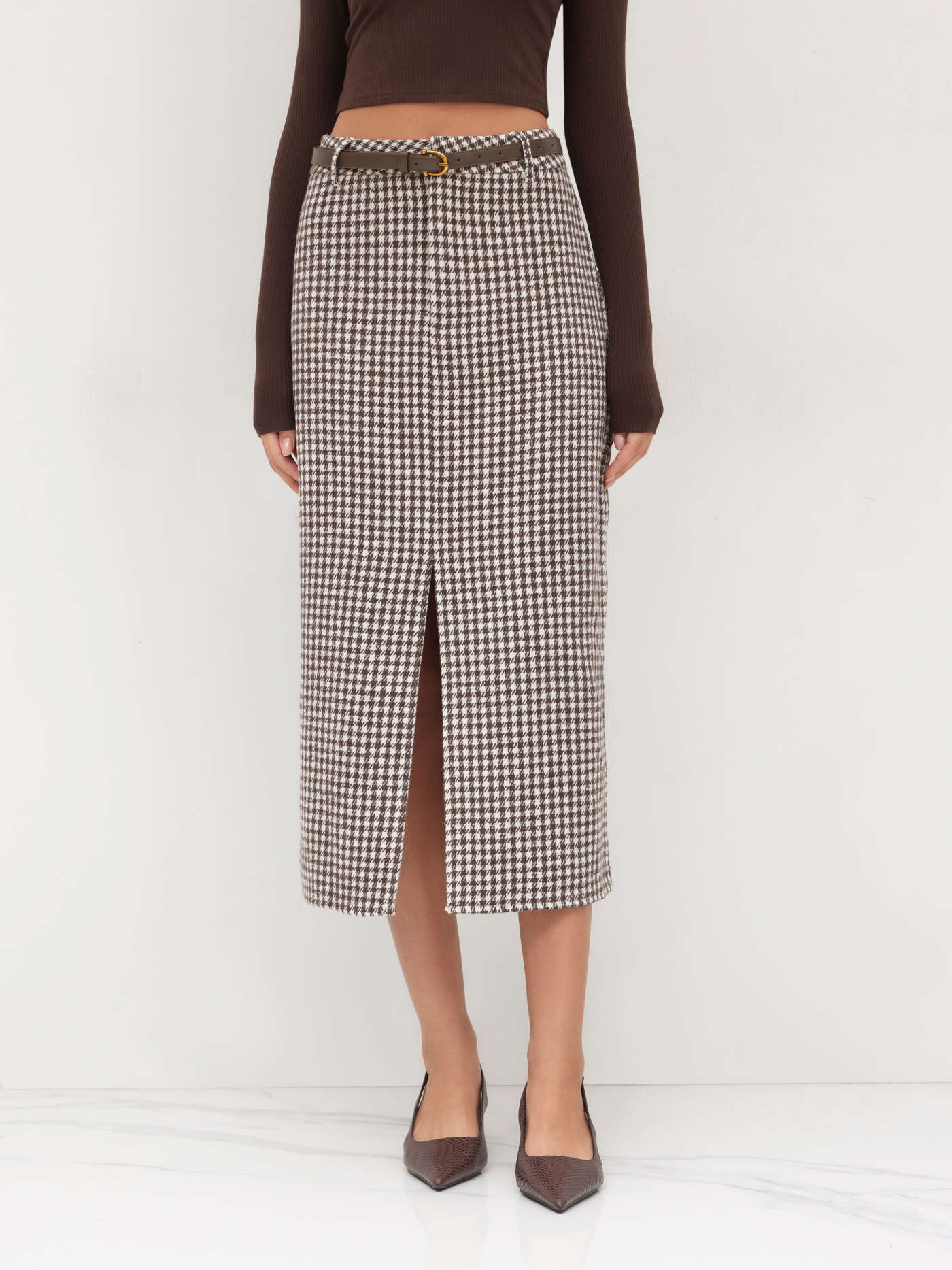 Cotton-blend Mid Rise Houndstooth Maxi Skirt With Belt