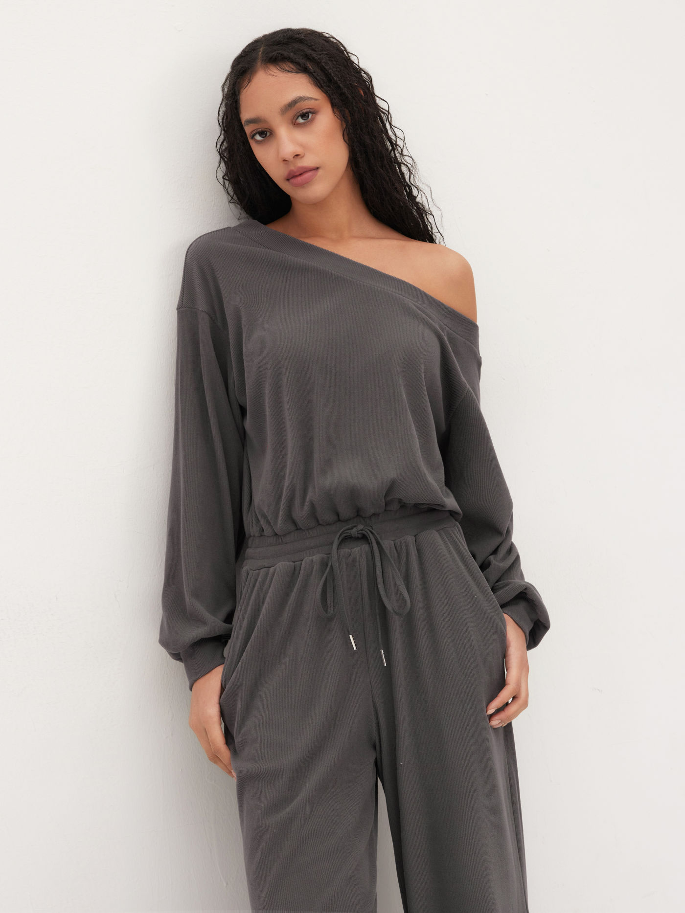 Asymmetrical Neck Drawstring Oversized Jumpsuit