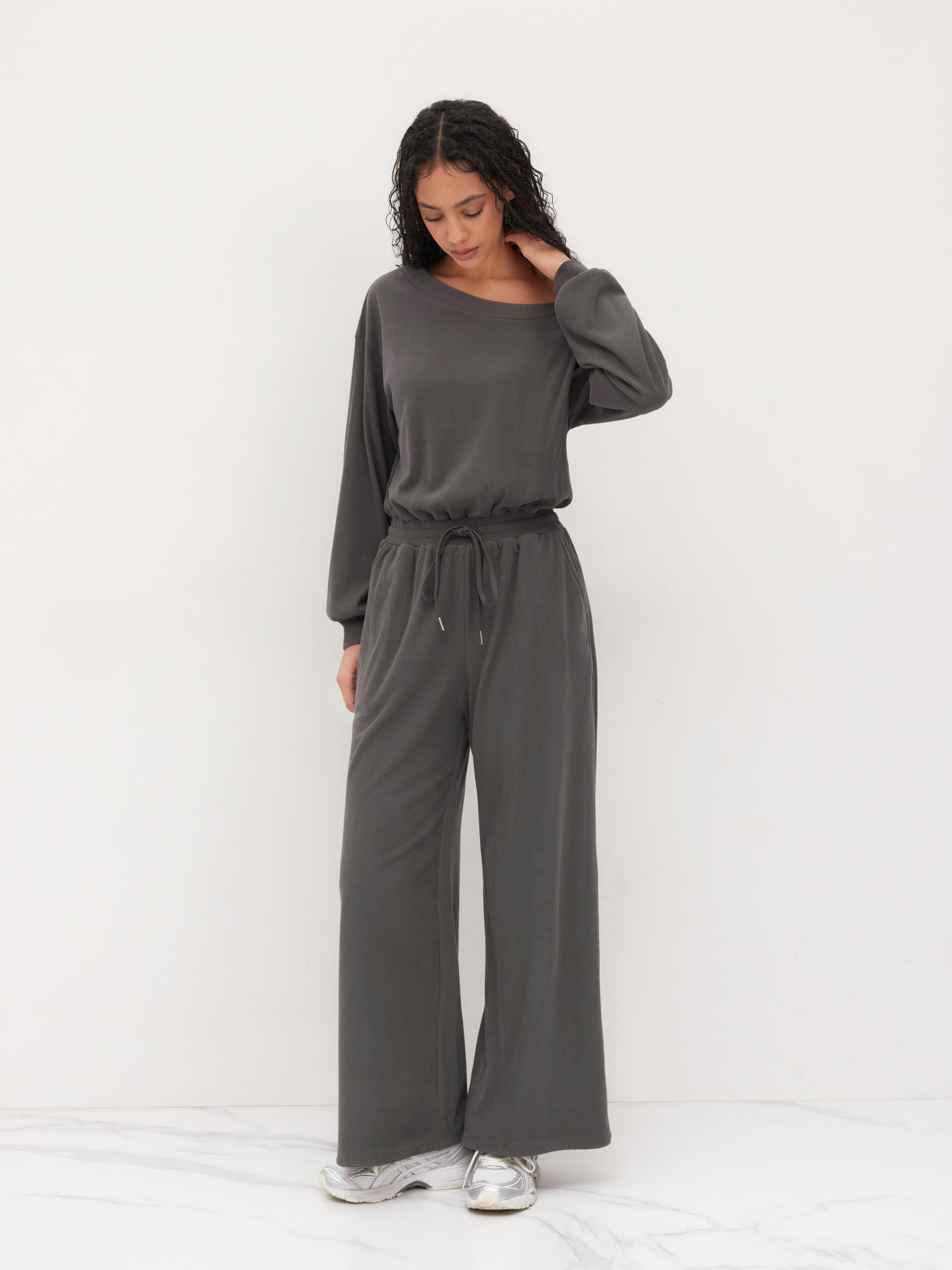 Asymmetrical Neck Drawstring Oversized Jumpsuit