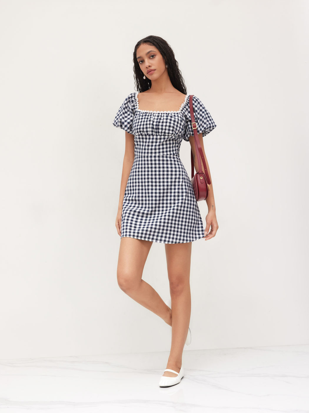 Quadratischer Hals Gingham Mini-Kleid mit Ballonsärmeln