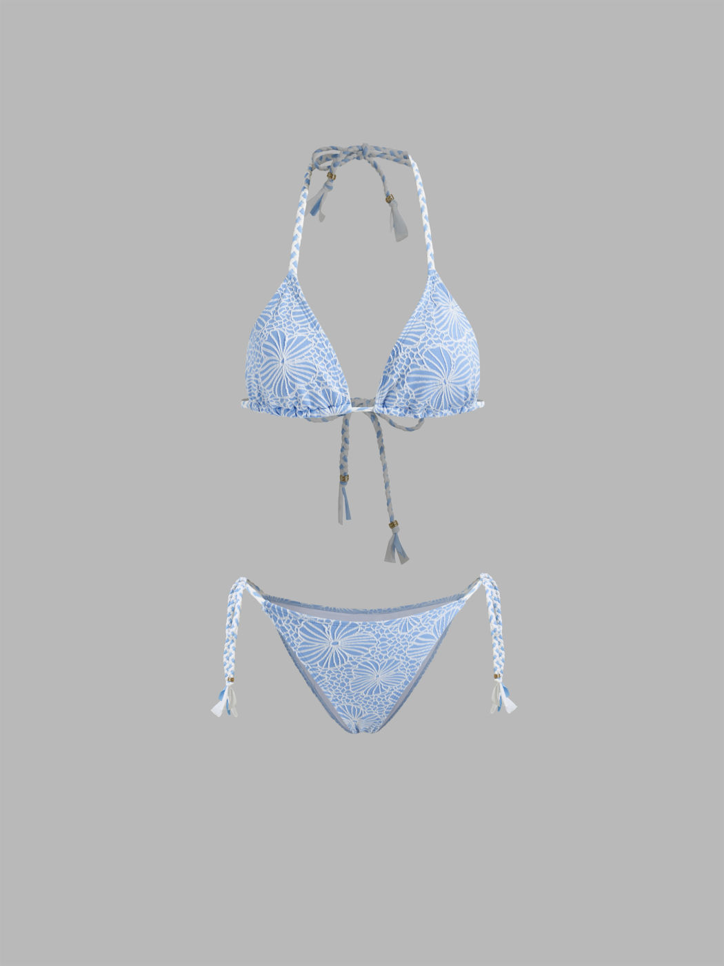 Halter Neckline Floral Beaded Triangle Tie Side Bikini Set
