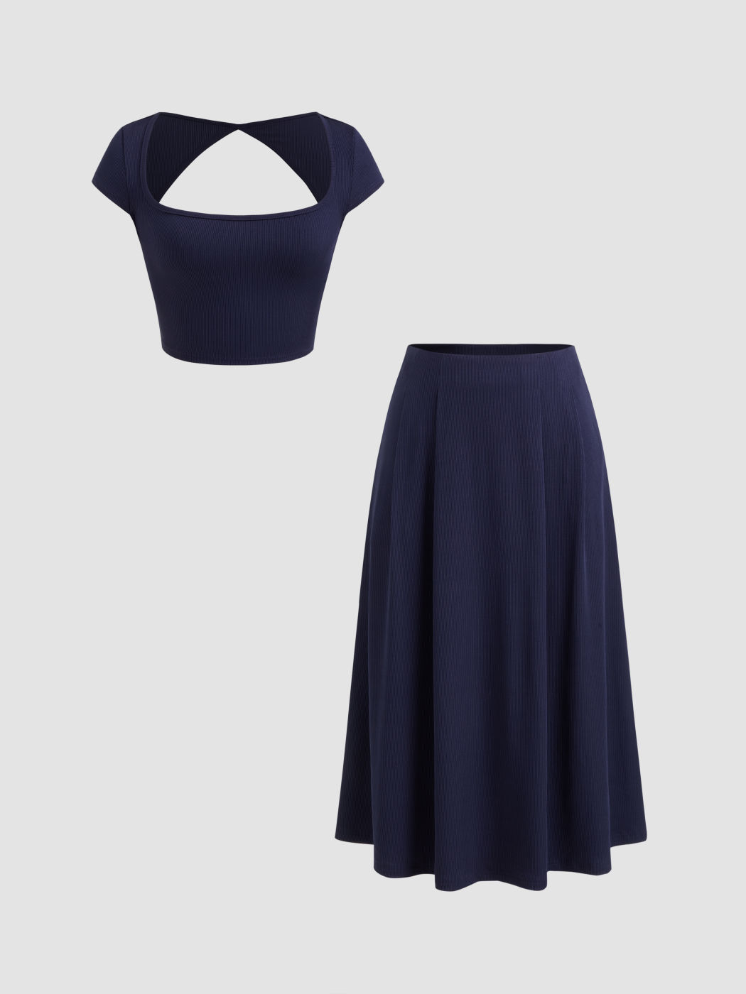 Cut Out Crop Top & Low Rise Pleated Midi Skirt Set
