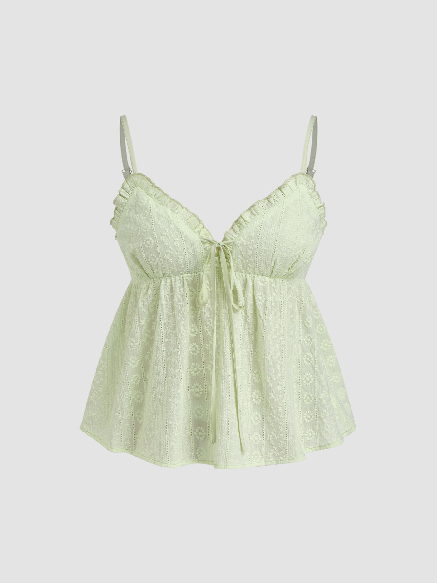 Cotton V-neck Broderie Anglaise Shirred Lettuce Trim Cami Top