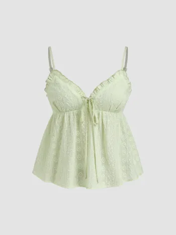 Cotton V-neck Broderie Anglaise Shirred Lettuce Trim Cami Top