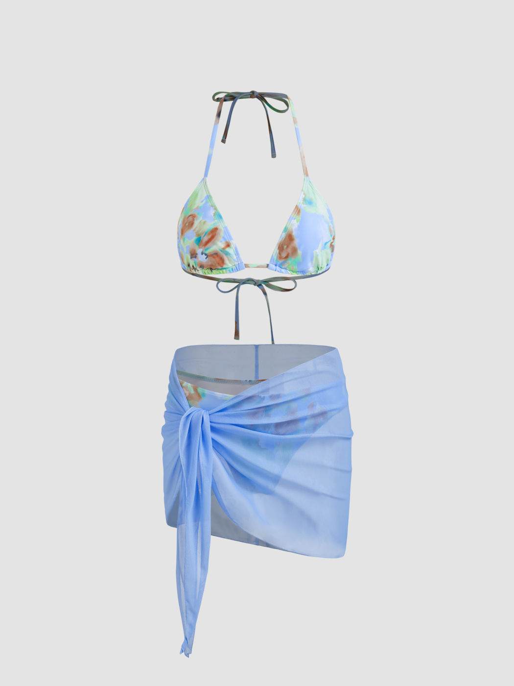 V-neck Illusion Halter Cheeky Bikini Set With Sarong
