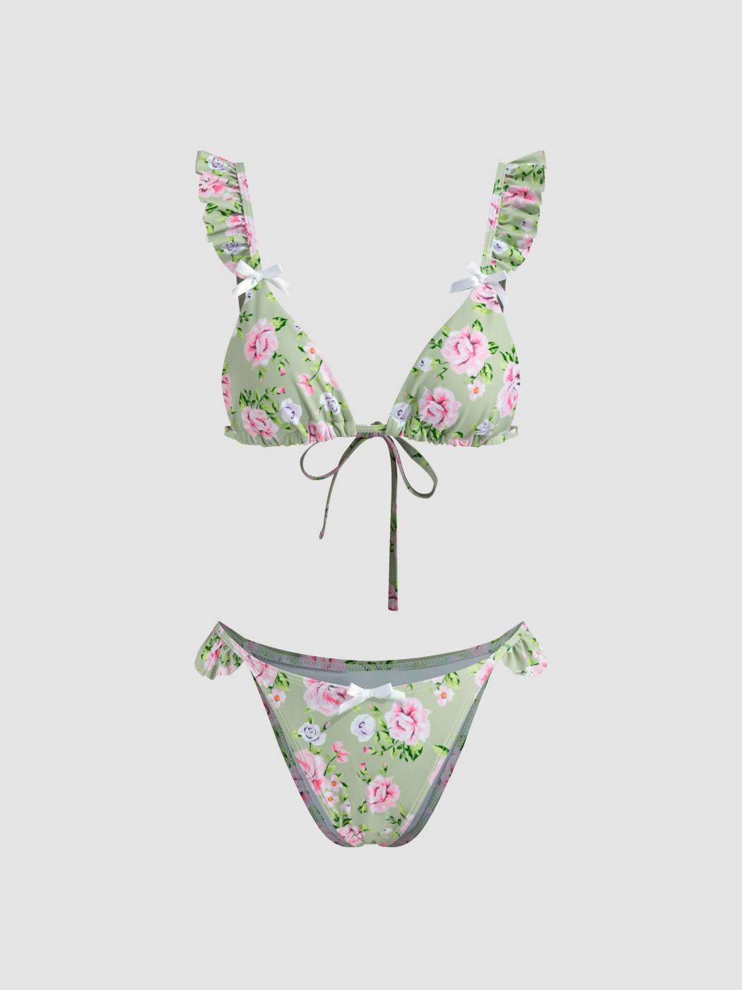 Set bikini con fiocco e orlo a balze floreali