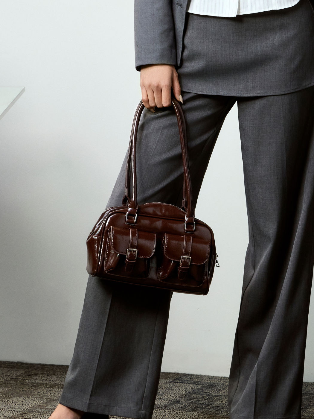 Doppeltaschen-Boston-Fake-Leder-Schultertasche