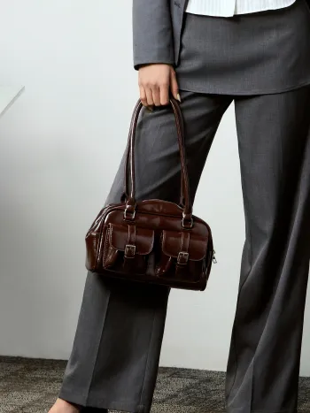 Doppeltaschen-Boston-Fake-Leder-Schultertasche