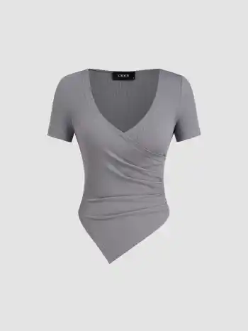 V-Ausschnitt Rippiges Oberteil & Mittelhohe elastische Taille Knotige Gerade Beine Hosen