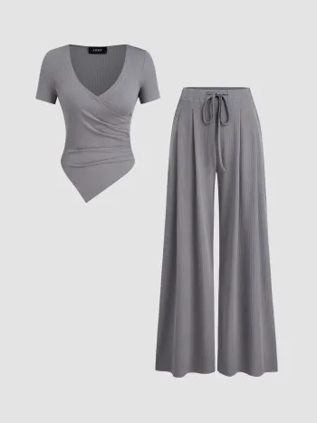 V-Ausschnitt Rippiges Oberteil & Mittelhohe elastische Taille Knotige Gerade Beine Hosen