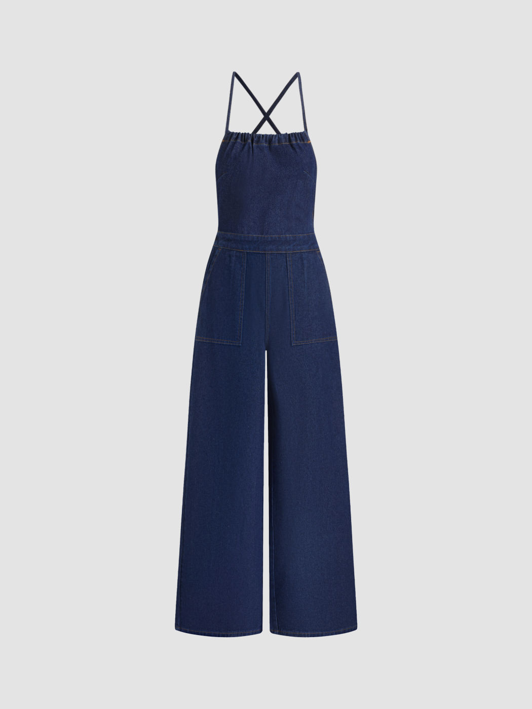 Denim Lace Up Backless Wide Leg Jumpsuit