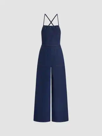 Tuta in denim con lacci sulla schiena, senza schienale e a gamba larga