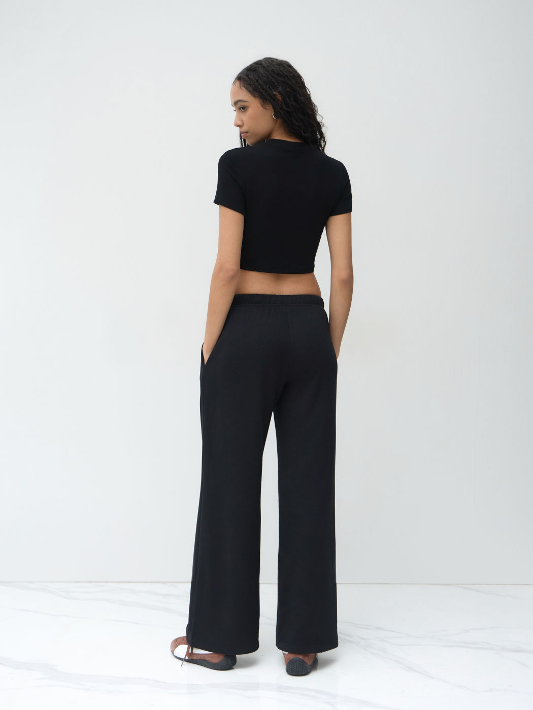 Crop Tee & Low Rise Elastic Waist Straight Leg Trousers Set