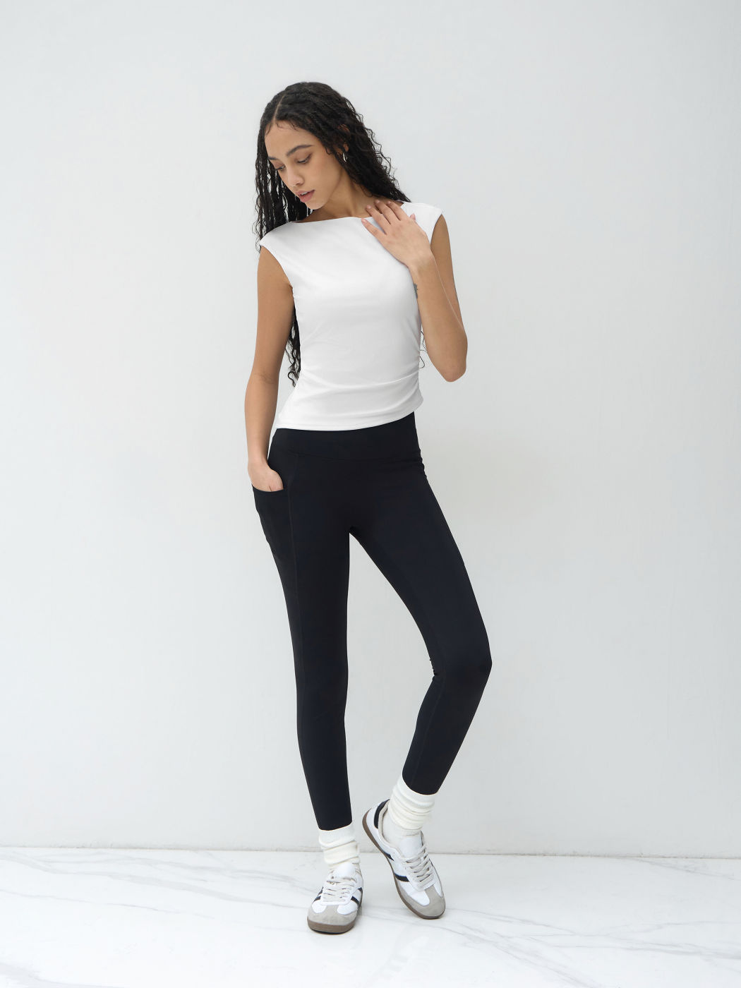 Contour Double Layered Boat Neck Asymmetrical Ruched Tank Top