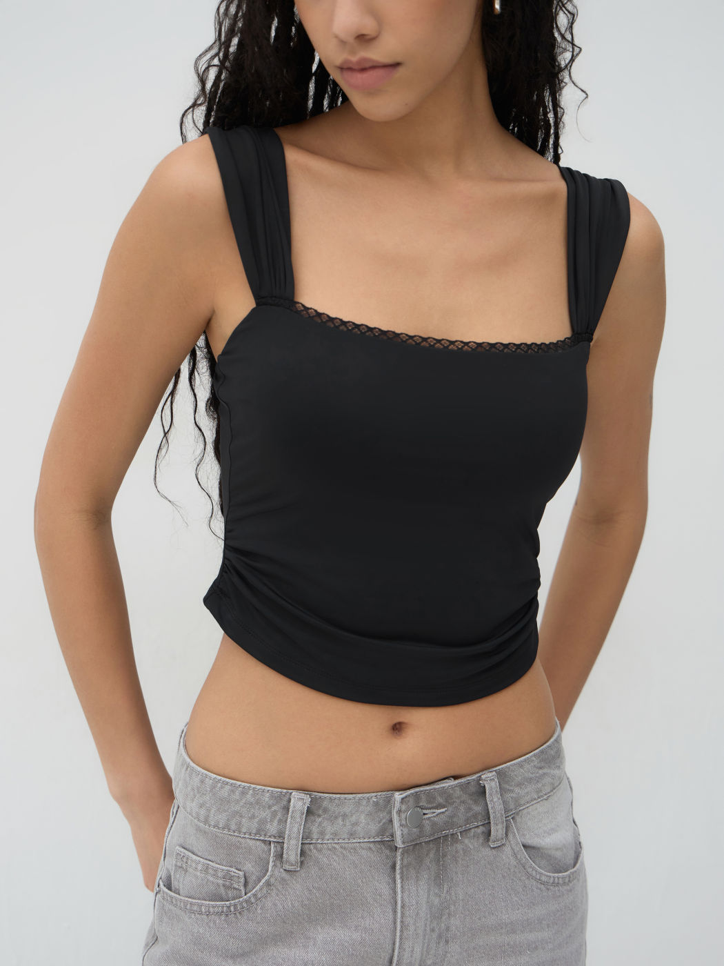 Square Neck Lace Trim Ruched Crop Tank Top