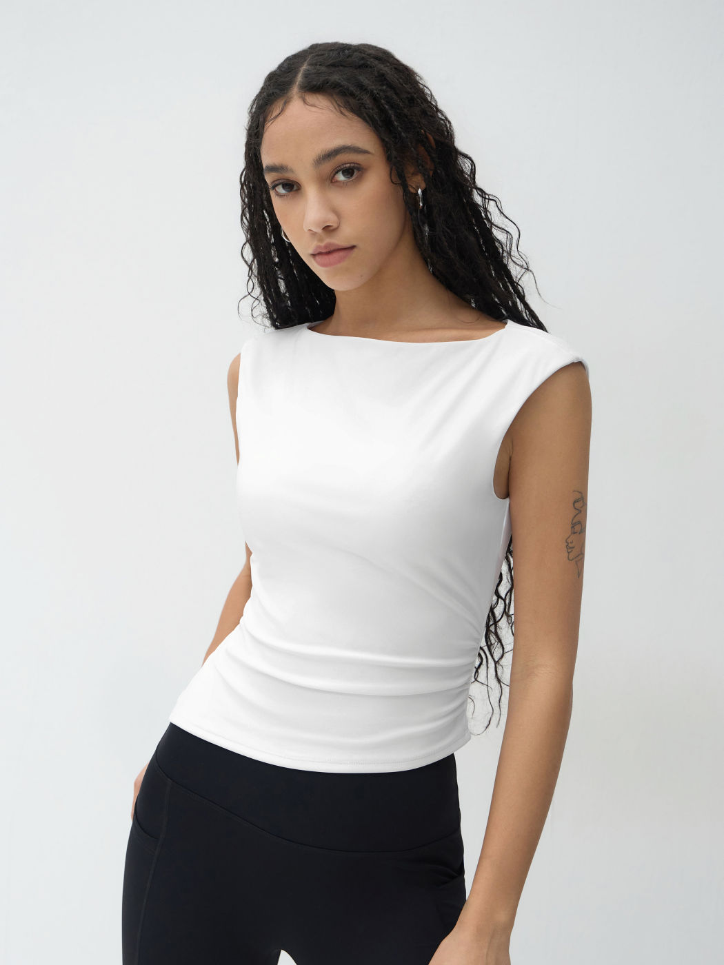 Contour Double Layered Boat Neck Asymmetrical Ruched Tank Top